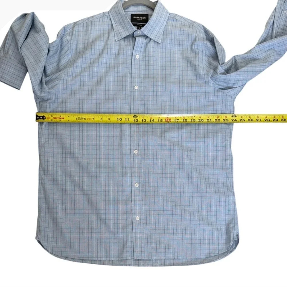 Bonobos Mens Wrinkle-Free Standard Fit Grid Dress Shirt Blue White 17 x 35